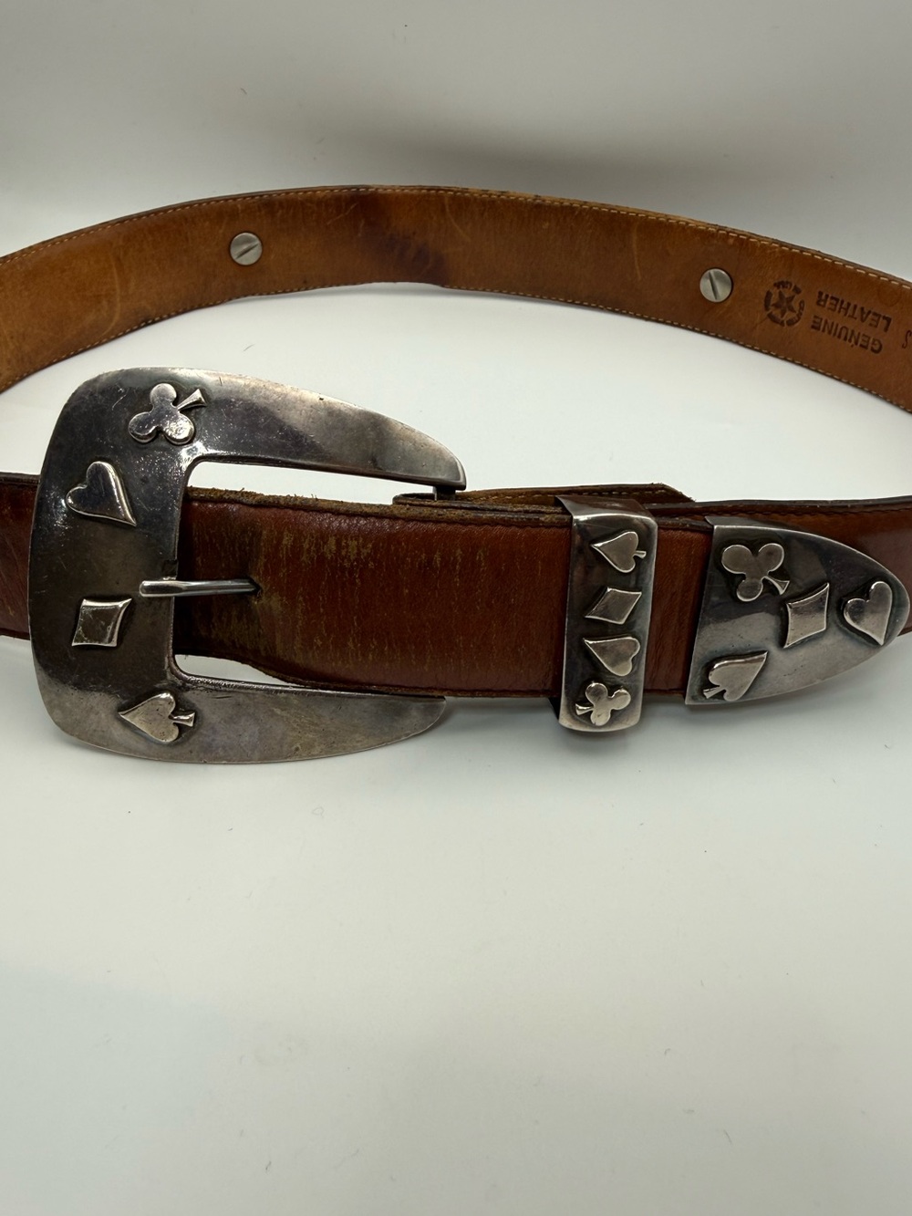 Vintage Pat Areias Sterling Silver 3 Piece Buckle Leather Belt 28 Playing Cards